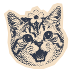 Sticker of a cat wearing a flower, printed in blue ink