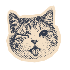 Sticker of a winking cat printed in blue ink