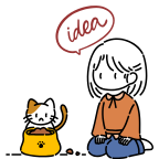 Illustration of Srushti sitting on the floor with a cat, having an idea