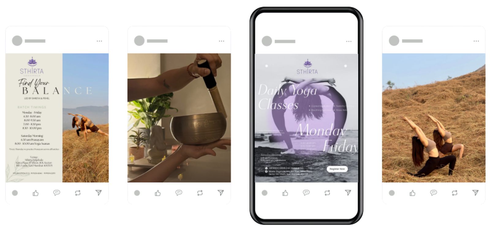 Four Instagram posts made for the yoga studio: a batch timings poster, a singing bowl close-up, a daily yoga classes story and an outdoor yoga photo